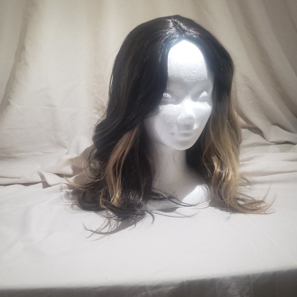 20" Long Brown Wig w/ Blond Streaks & Hair Net